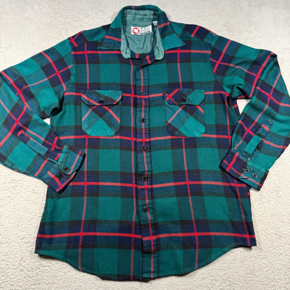 Vintage 80s Sports Afield Flannel Shirt Mens M Green Plaid Button Down Outdoor